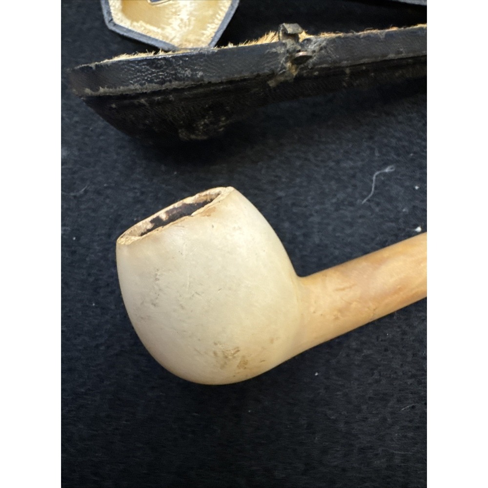 Vintage Block Meerschaum Pipe Amber Stem Hand Carved Estate Tobacco Pipe Case - Picture 3 of 16